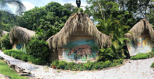 glamping cabins made of wood and straw with paintings on the walls.
